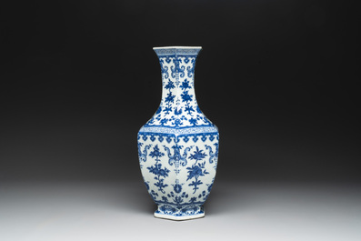 A Chinese blue and white hexagonal 'sanduo' vase, Qianlong mark and of the period