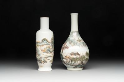Two Chinese famille rose vases and a covered teapot, Yongzheng and Qianlong mark, signed Yu Wenhuan 余文環, 20th C.