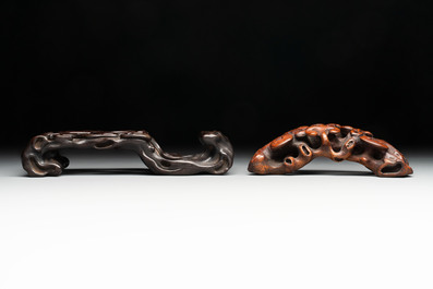 A Chinese bamboo figure of Luohan, a ruyi group on wooden stand and a hongmu stand, 19/20th C.
