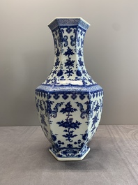 A Chinese blue and white hexagonal 'sanduo' vase, Qianlong mark and of the period