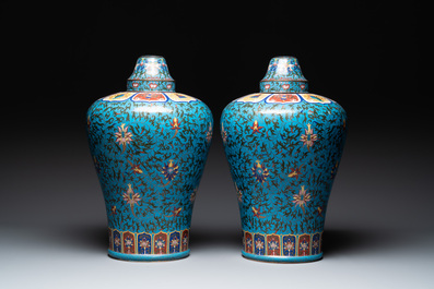 A pair of large Chinese cloisonn&eacute; 'lotus scroll' 'meiping' vases and covers, Republic