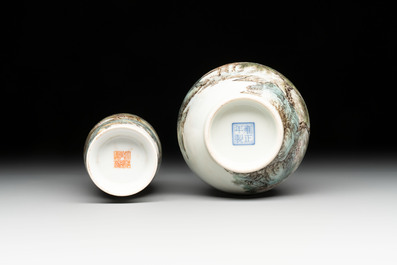 Two Chinese famille rose vases and a covered teapot, Yongzheng and Qianlong mark, signed Yu Wenhuan 余文環, 20th C.