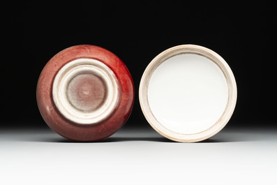 A Chinese robin's egg-glazed censer on a wooden stand and a copper-red-glazed seal paste box and cover, 19/20th C.