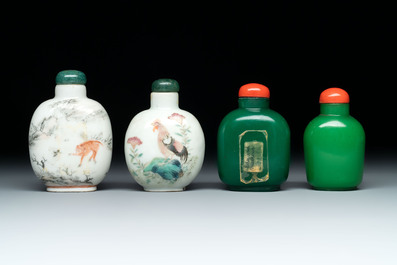 A diverse group of 12 Chinese snuff bottles and three covered seal paste boxes, Qianlong and Daoguang marks, 19th C.