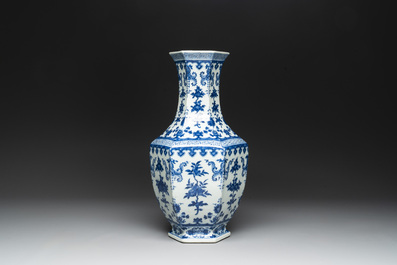 A Chinese blue and white hexagonal 'sanduo' vase, Qianlong mark and of the period