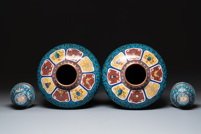 A pair of large Chinese cloisonn&eacute; 'lotus scroll' 'meiping' vases and covers, Republic