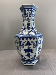 A Chinese blue and white hexagonal 'sanduo' vase, Qianlong mark and of the period