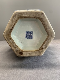 A Chinese blue and white hexagonal 'sanduo' vase, Qianlong mark and of the period