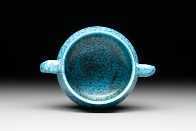 A Chinese robin's egg-glazed censer on a wooden stand and a copper-red-glazed seal paste box and cover, 19/20th C.