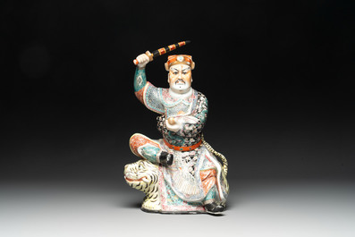 A Chinese famille rose group of Zhao Gongming 趙公明 and a figure of a goddess, Deng Yifu 鄧義福 mark, 19/20th C.
