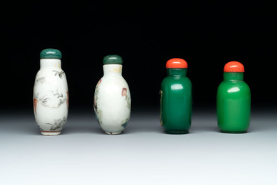 A diverse group of 12 Chinese snuff bottles and three covered seal paste boxes, Qianlong and Daoguang marks, 19th C.