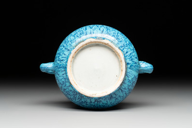A Chinese robin's egg-glazed censer on a wooden stand and a copper-red-glazed seal paste box and cover, 19/20th C.
