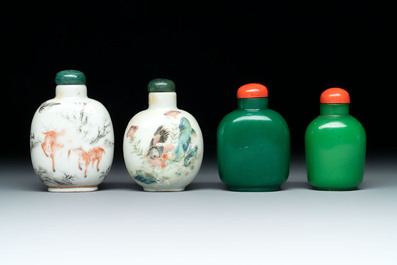 A diverse group of 12 Chinese snuff bottles and three covered seal paste boxes, Qianlong and Daoguang marks, 19th C.