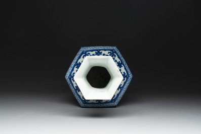 A Chinese blue and white hexagonal 'sanduo' vase, Qianlong mark and of the period