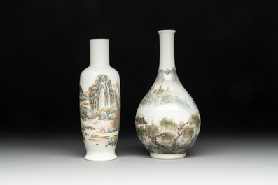 Two Chinese famille rose vases and a covered teapot, Yongzheng and Qianlong mark, signed Yu Wenhuan 余文環, 20th C.