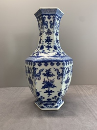 A Chinese blue and white hexagonal 'sanduo' vase, Qianlong mark and of the period
