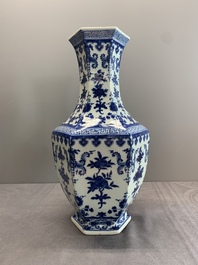 A Chinese blue and white hexagonal 'sanduo' vase, Qianlong mark and of the period