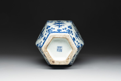 A Chinese blue and white hexagonal 'sanduo' vase, Qianlong mark and of the period