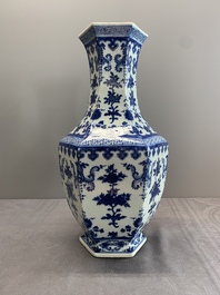 A Chinese blue and white hexagonal 'sanduo' vase, Qianlong mark and of the period
