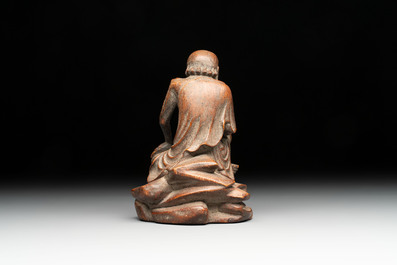 A Chinese bamboo figure of Luohan, a ruyi group on wooden stand and a hongmu stand, 19/20th C.