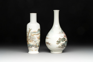 Two Chinese famille rose vases and a covered teapot, Yongzheng and Qianlong mark, signed Yu Wenhuan 余文環, 20th C.
