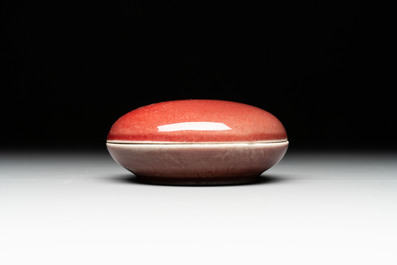 A Chinese robin's egg-glazed censer on a wooden stand and a copper-red-glazed seal paste box and cover, 19/20th C.