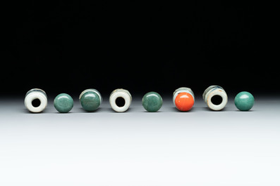 A diverse group of 12 Chinese snuff bottles and three covered seal paste boxes, Qianlong and Daoguang marks, 19th C.