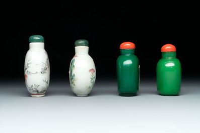 A diverse group of 12 Chinese snuff bottles and three covered seal paste boxes, Qianlong and Daoguang marks, 19th C.