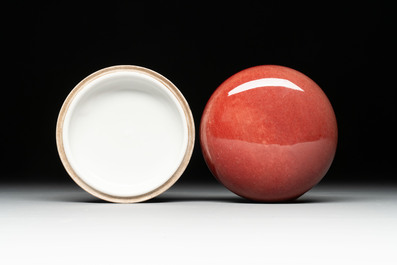 A Chinese robin's egg-glazed censer on a wooden stand and a copper-red-glazed seal paste box and cover, 19/20th C.