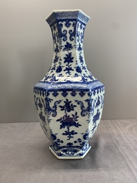 A Chinese blue and white hexagonal 'sanduo' vase, Qianlong mark and of the period