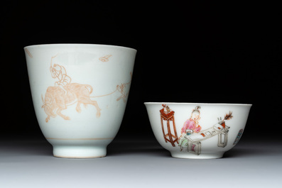 A Chinese iron-red-decorated 'boy and buffalo' cup and saucer and a famille rose 'Xi Xiang Ji' cup and saucer, Qianlong