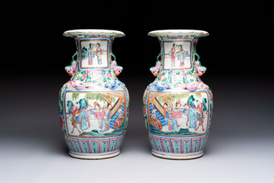 A pair of Chinese famille rose vases with narrative design on wooden stands, 19th C.
