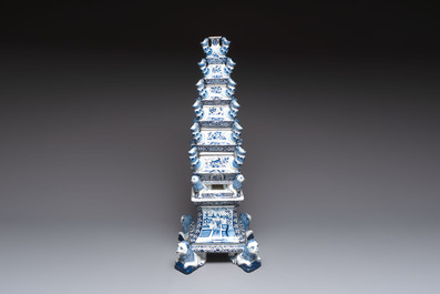 An impressive blue and white Dutch Delft seven-part tulip vase, 19th C.