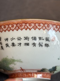 A fine Chinese famille rose eggshell 'Qiu Ran Ke Zhuan 虬髯客傳' bowl, signed Zeng Fuqing 曾福慶 and seal mark, 20th C.