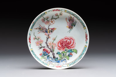 A set of six Chinese famille rose cups and saucers with birds among flowering branches, Yongzheng/Qianlong