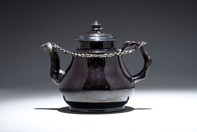 A black-glazed pottery coffeepot, teapot, milk jug and a bowl, Namur, 18th C.