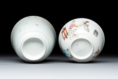 A Chinese iron-red-decorated 'boy and buffalo' cup and saucer and a famille rose 'Xi Xiang Ji' cup and saucer, Qianlong