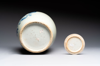 Four Chinese blue and white celadon-ground vases and a ginger jar, 19/20th C.