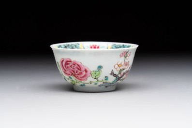 A set of six Chinese famille rose cups and saucers with birds among flowering branches, Yongzheng/Qianlong