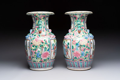 A pair of Chinese famille rose vases with narrative design on wooden stands, 19th C.