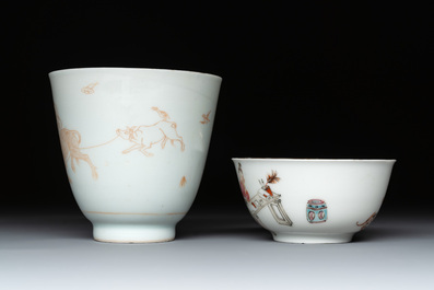 A Chinese iron-red-decorated 'boy and buffalo' cup and saucer and a famille rose 'Xi Xiang Ji' cup and saucer, Qianlong