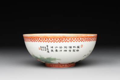 A fine Chinese famille rose eggshell 'Qiu Ran Ke Zhuan 虬髯客傳' bowl, signed Zeng Fuqing 曾福慶 and seal mark, 20th C.
