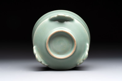 A Chinese Longquan celadon cylindrical tripod censer with &lsquo;trigrams&rsquo; design, Yuan/Ming