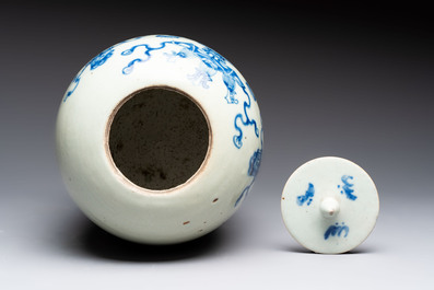 Four Chinese blue and white celadon-ground vases and a ginger jar, 19/20th C.