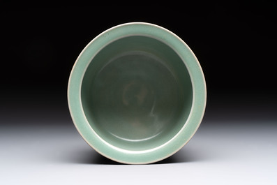 A Chinese Longquan celadon cylindrical tripod censer with &lsquo;trigrams&rsquo; design, Yuan/Ming