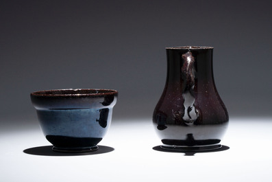 A black-glazed pottery coffeepot, teapot, milk jug and a bowl, Namur, 18th C.