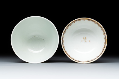 A Chinese iron-red-decorated 'boy and buffalo' cup and saucer and a famille rose 'Xi Xiang Ji' cup and saucer, Qianlong