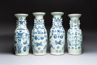 Four Chinese blue and white celadon-ground vases and a ginger jar, 19/20th C.