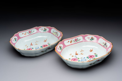 A pair of Chinese famille rose octagonal bowls with birds on flowering branches, Qianlong
