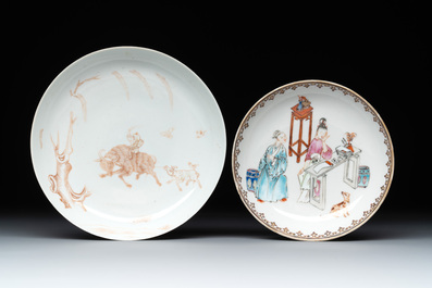 A Chinese iron-red-decorated 'boy and buffalo' cup and saucer and a famille rose 'Xi Xiang Ji' cup and saucer, Qianlong